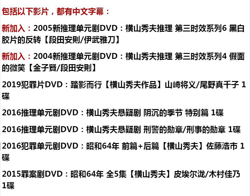 新日本懸疑DVD:推理小說家:橫山秀夫16部電視劇+單元劇合集24碟 新日本懸疑DVD:推理小說家:橫山秀夫16部電視劇+單元劇合集24碟