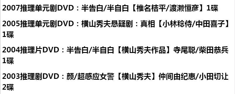 新日本懸疑DVD:推理小說家:橫山秀夫16部電視劇+單元劇合集24碟 新日本懸疑DVD:推理小說家:橫山秀夫16部電視劇+單元劇合集24碟